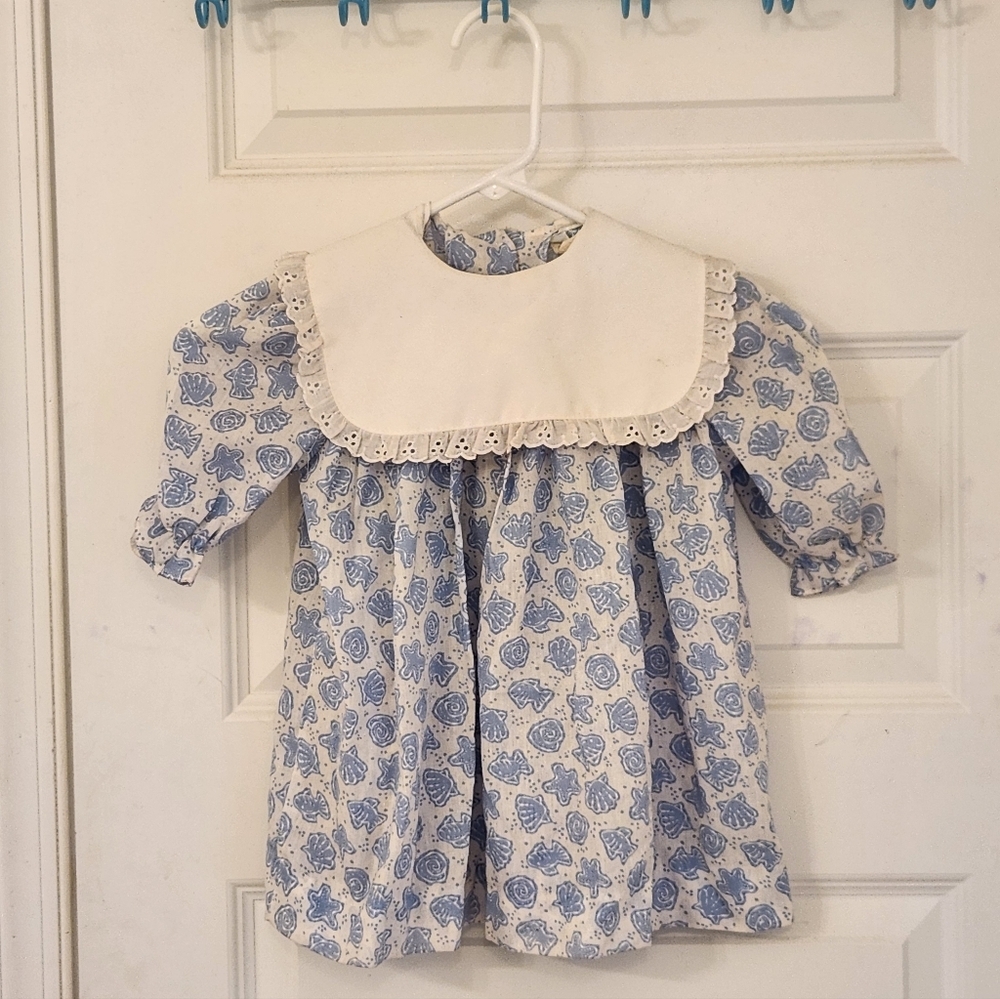 Girls Little Star Vtg Dress Blue White Beach Sea Shell Mid Sleeve Size 3t #JJ893